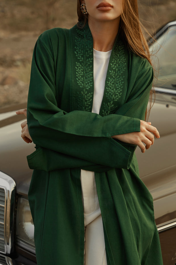 V-neck embroidered abaya Green